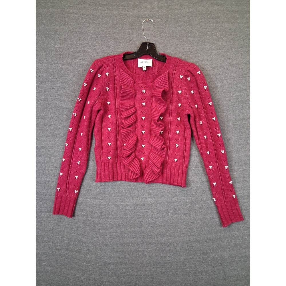 Industry Womens Sweater M Pink Flutter Pearl Pointelle Coquette Soft Girl Preppy